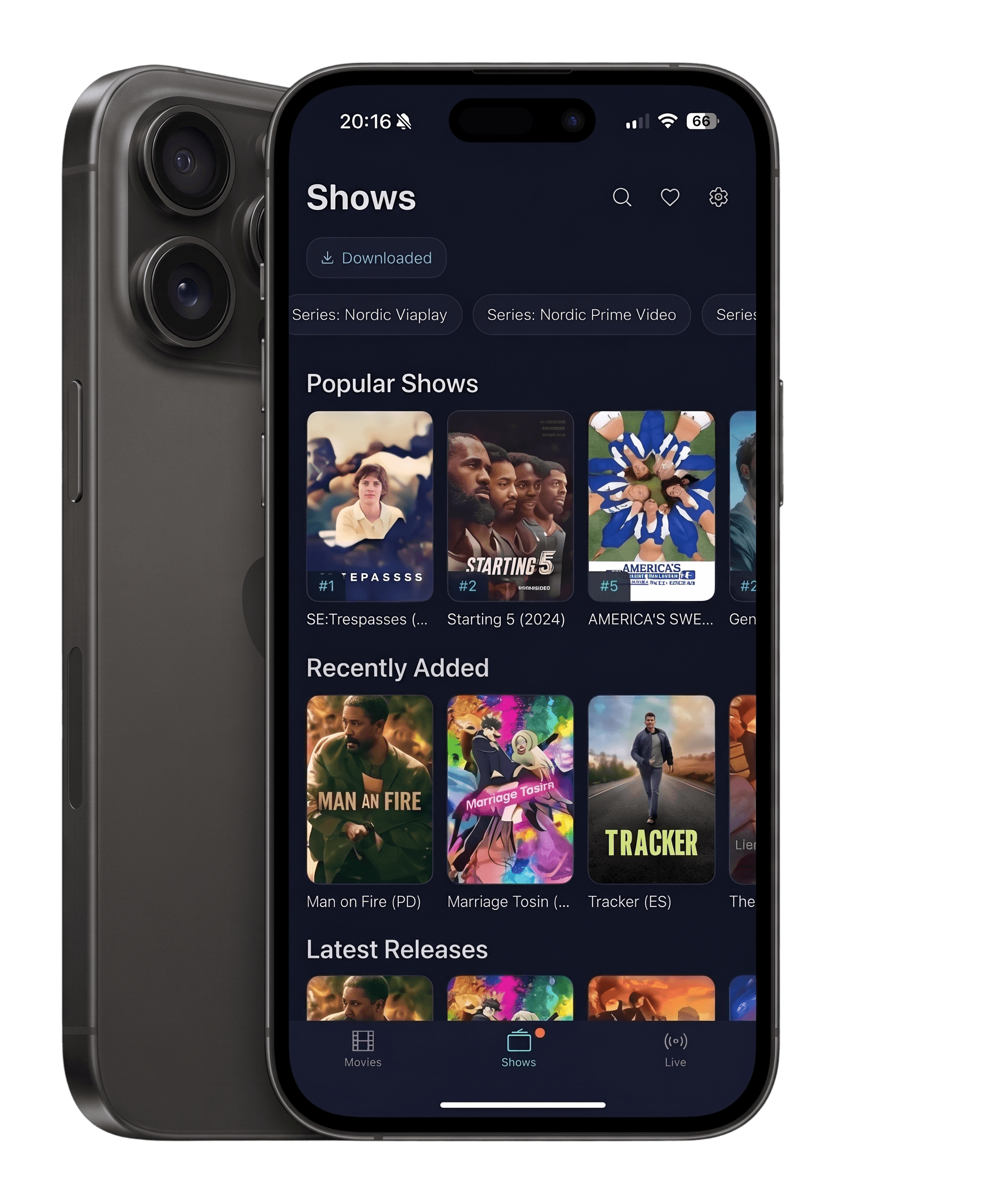 Nagare app shown on iPhone, displaying the Shows screen with Popular Shows, Recently Added, and Latest Releases sections